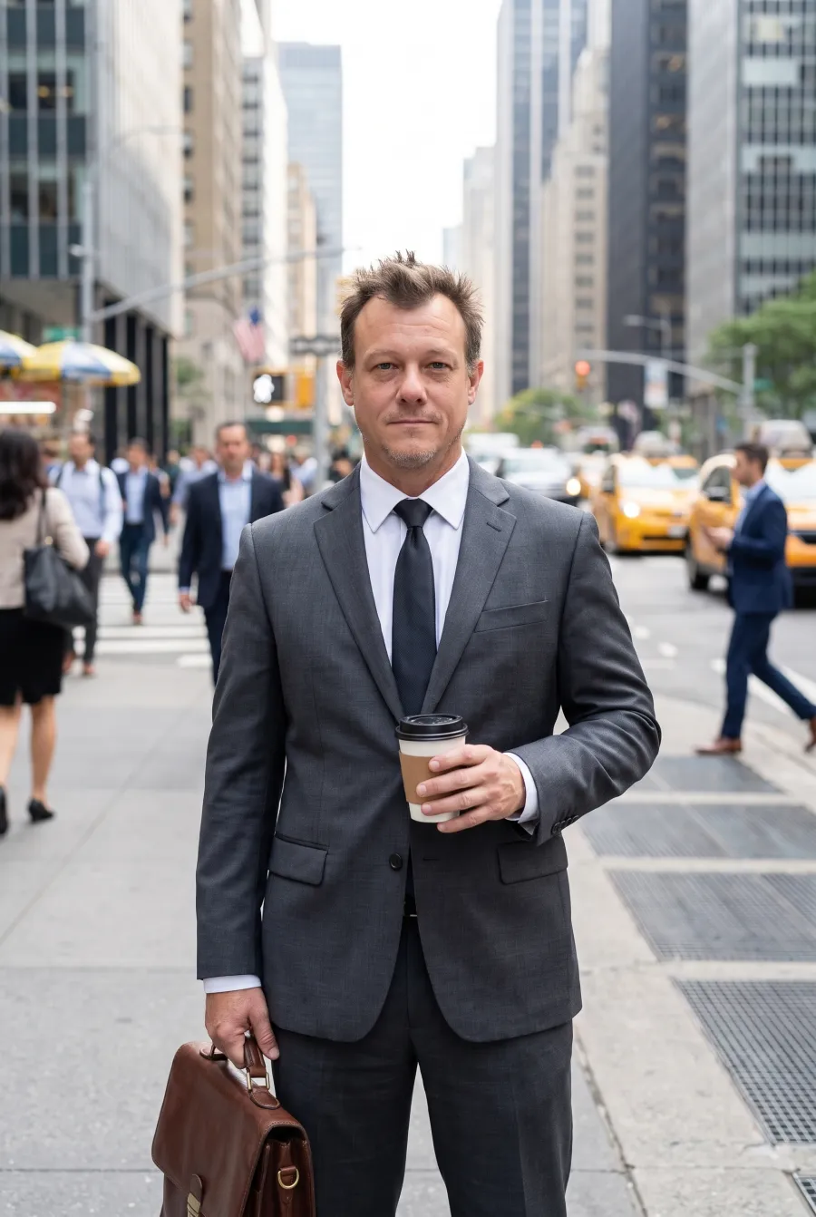 Portrait of a man in a sharp grey suit with briefcase and coffee on a busy downtown street