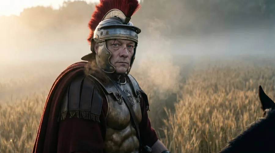 Portrait of a Roman centurion in helmet at dawn