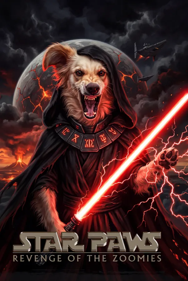 Dog as a Sith villain with red lightsaber, movie poster
