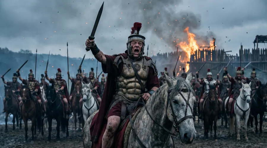 A centurion rallying Roman cavalry before a burning fort